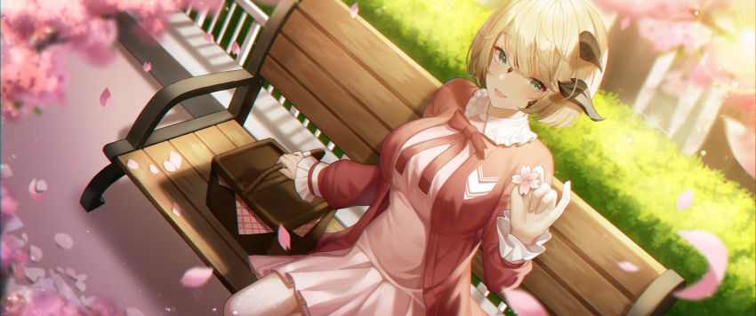 blonde_hair cherry_blossoms dress flowers horns meoyo