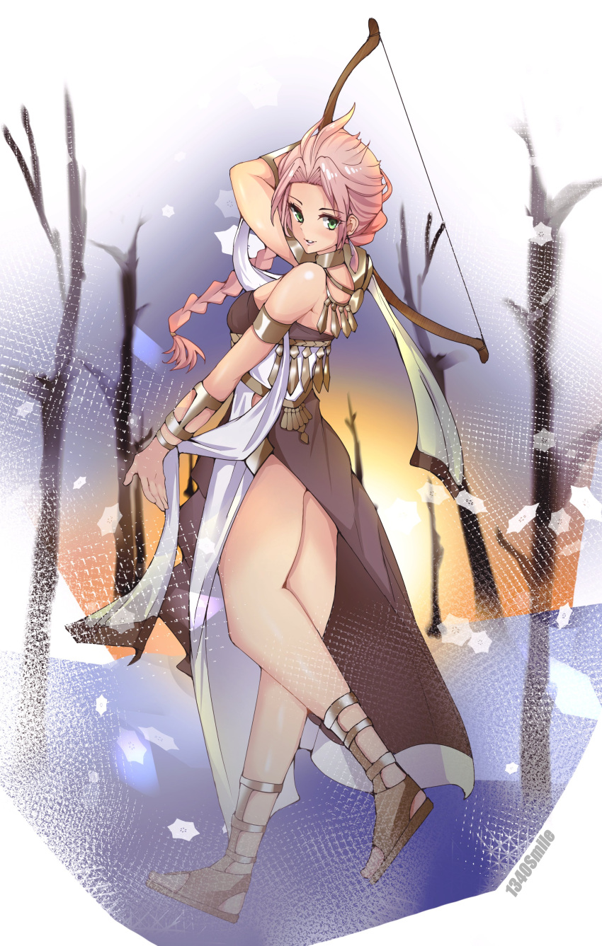 1340smile 1girl absurdres armlet bare_shoulders blonde_hair bracelet braid braided_ponytail breasts cleavage dancer earrings fire_emblem fire_emblem:_three_houses h'aanit_(octopath_traveler) highres jewelry large_breasts long_hair looking_at_viewer medium_breasts midriff navel necklace octopath_traveler simple_background smile solo