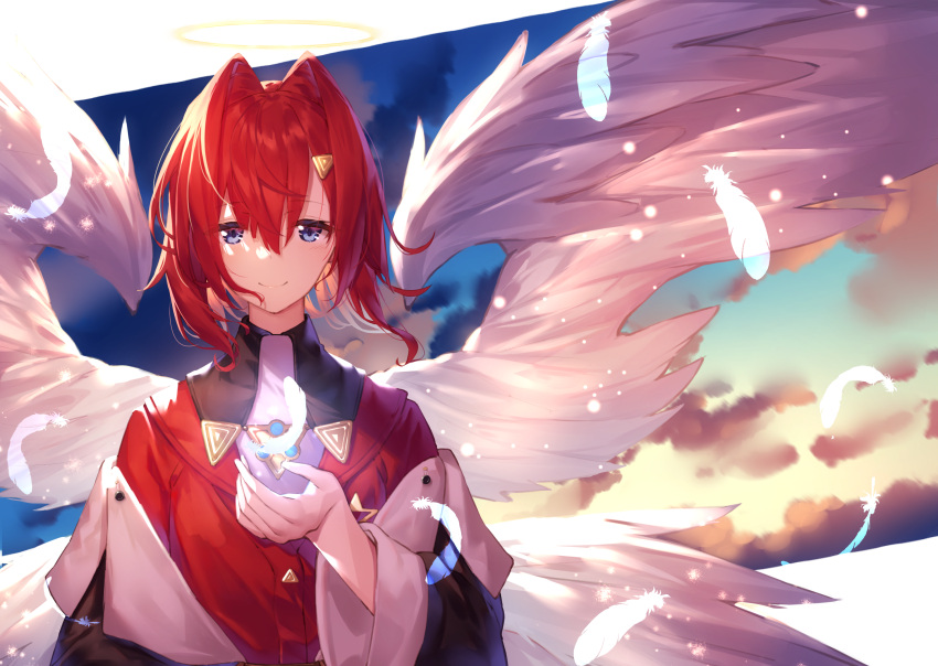 1girl ange_katrina angel angel_wings bangs black_jacket blue_eyes closed_mouth commentary english_commentary eyebrows_visible_through_hair feathered_wings feathers hair_between_eyes hair_intakes hair_ornament halo hand_up highres jacket long_sleeves looking_at_viewer multiple_wings nijisanji off_shoulder open_clothes open_jacket red_hair red_jacket shirt smile solo sunset virtual_youtuber white_shirt white_wings wide_sleeves wings yuuki_nao_(pixiv10696483)