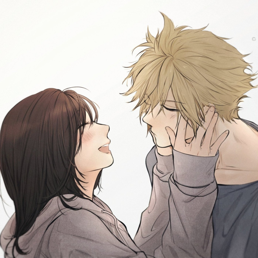 1boy 1girl bangs blonde_hair blush brown_hair closed_eyes closed_mouth cloud_strife collarbone commentary couple english_commentary eyebrows_visible_through_hair eyes_visible_through_hair face-to-face final_fantasy final_fantasy_vii from_side grey_hoodie grey_shirt hair_between_eyes hands_on_another's_cheeks hands_on_another's_face hetero highres hood hood_down hoodie khaw_(cloudstdontcare) lips long_hair long_sleeves open_mouth shirt simple_background sleeves_past_wrists smile spiked_hair tifa_lockhart upper_body white_background