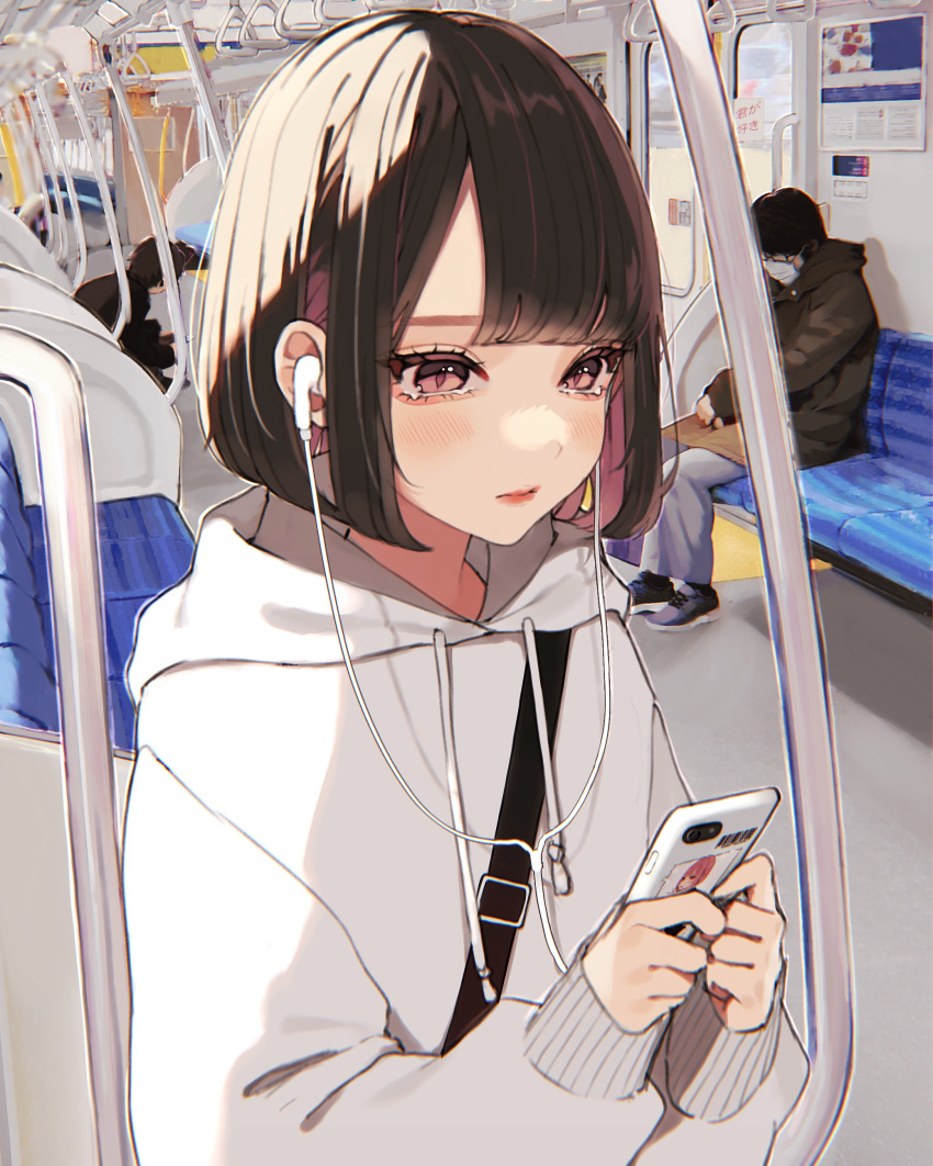 1girl 2boys absurdres blush bob_cut brown_hair cellphone colored_inner_hair commentary daluto_(hitomi555) earphones ground_vehicle highres hood hoodie multicolored_hair multiple_boys original phone pink_hair red_eyes short_hair solo_focus standing tearing_up train train_interior