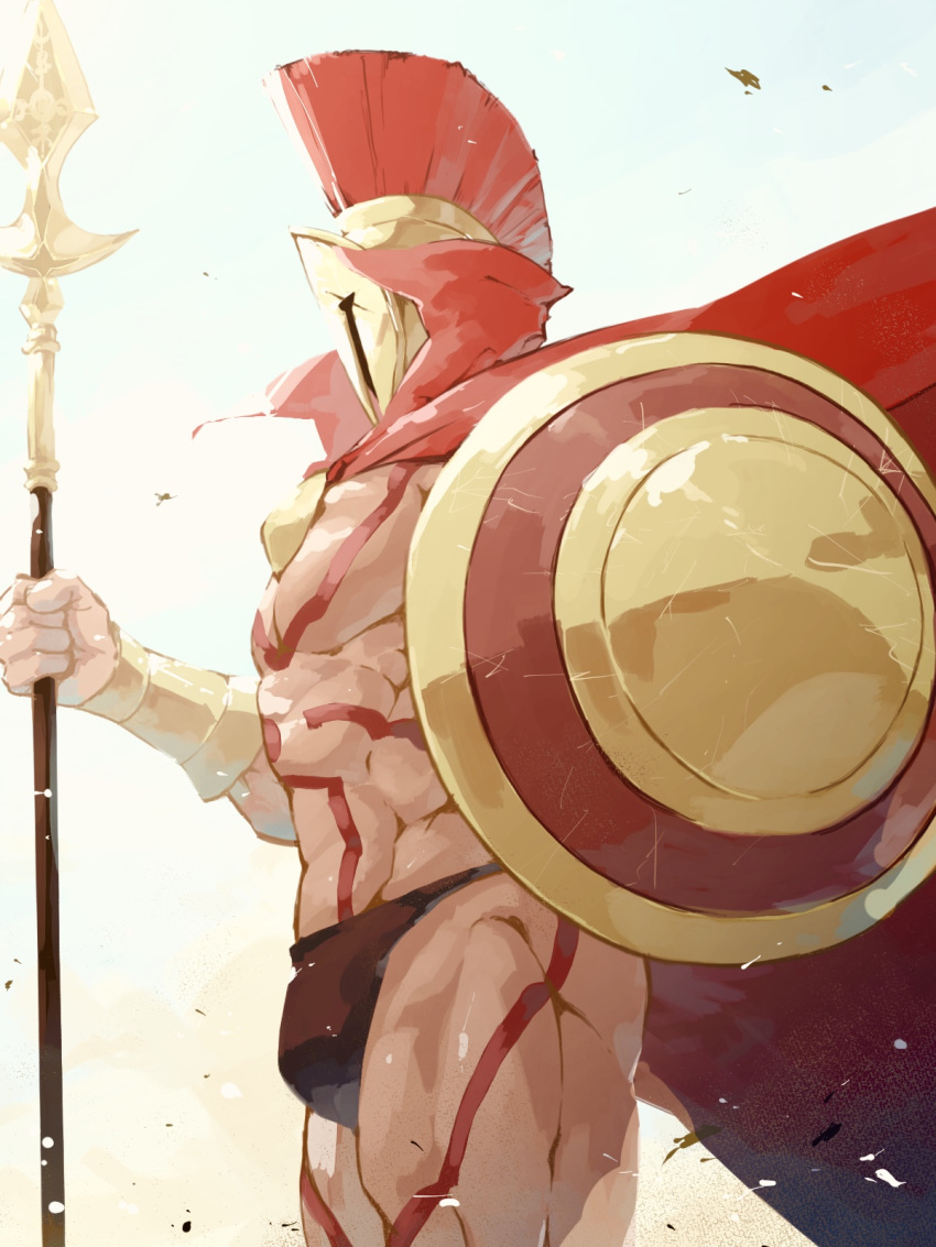 1boy abs bara bare_pecs black_male_underwear briefs bulge cape chest_tattoo cowboy_shot fate/grand_order fate_(series) from_side helmet highres holding holding_shield holding_spear holding_weapon kimidori_(dera_kimidori) large_pectorals leonidas_(fate) male_focus male_underwear manly mature_male muscular muscular_male navel no_nipples polearm red_cape shield solo spear stomach tattoo thick_thighs thighs underwear weapon wind