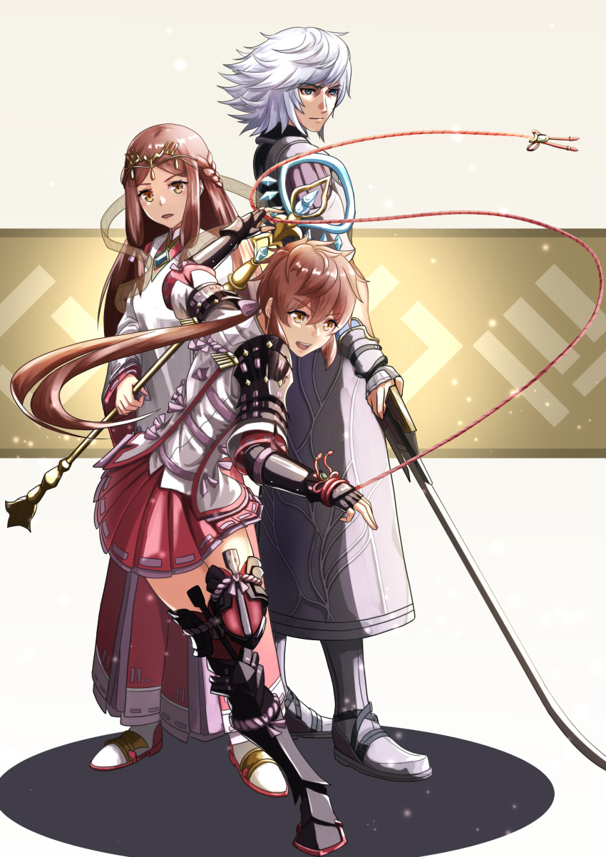 absurdres black_footwear boots brown_hair fan_la_norne full_body highres holding holding_staff holding_sword holding_weapon jin_(xenoblade) long_hair lora_(xenoblade) medium_hair miniskirt pleated_skirt red_hair red_skirt rope short_hair skirt staff standing sukkirito_(rangusan) sword thigh_boots thighhighs weapon white_background white_footwear white_hair xenoblade_chronicles_(series) xenoblade_chronicles_2 xenoblade_chronicles_2:_torna_-_the_golden_country yellow_eyes