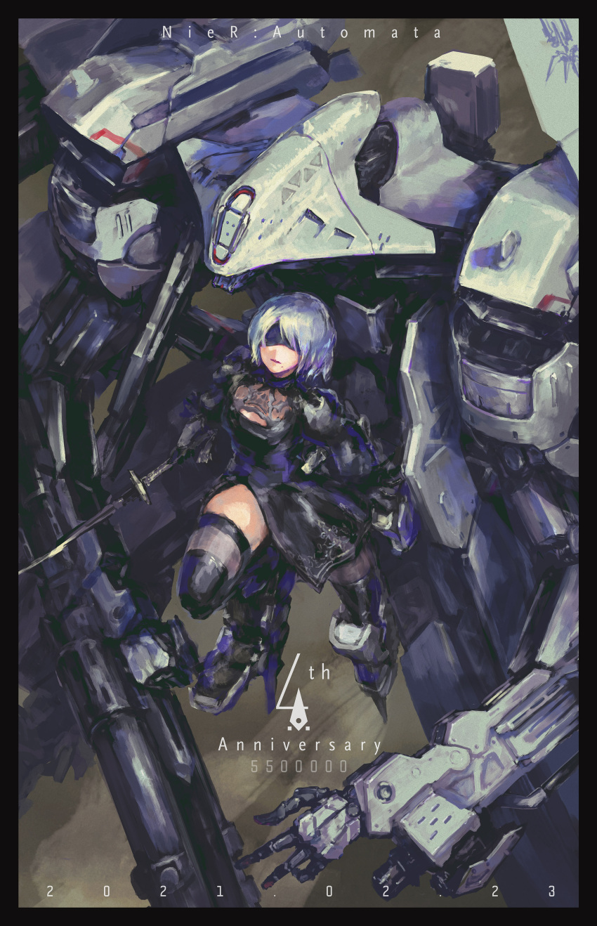 1girl absurdres anniversary blindfold breasts cleavage_cutout clothing_cutout copyright_name dated flight_unit_ho229 gun highres holding holding_gun holding_sword holding_weapon katana looking_up mecha medium_breasts mole mole_under_mouth nier_(series) nier_automata open_hand open_mouth science_fiction sword thighhighs weapon white_hair yorha_no._2_type_b yutori_(clockwork_chicken)