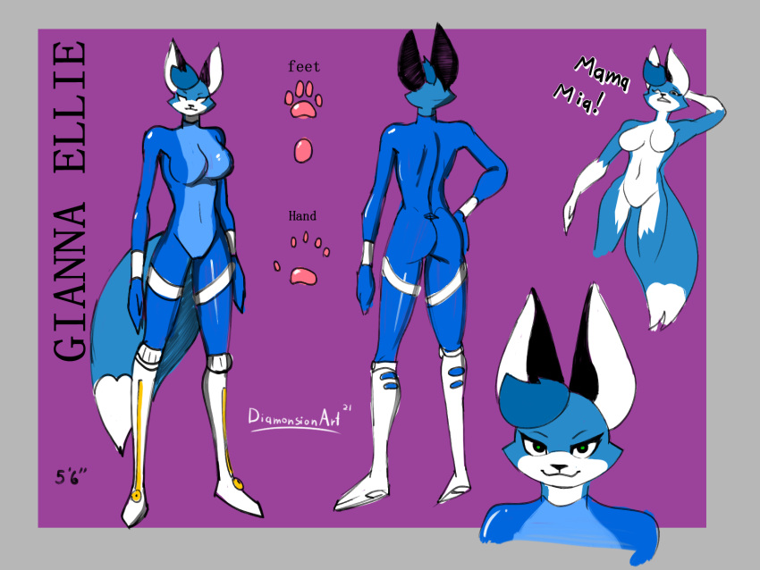 anthro boots breasts canid canine clothing diamonsion digital_media_(artwork) ellie_(diamonsion) female footwear fox fur hi_res italian italian_text looking_at_viewer mammal model_sheet simple_background skinsuit smile solo standing suit text tight_clothing topwear