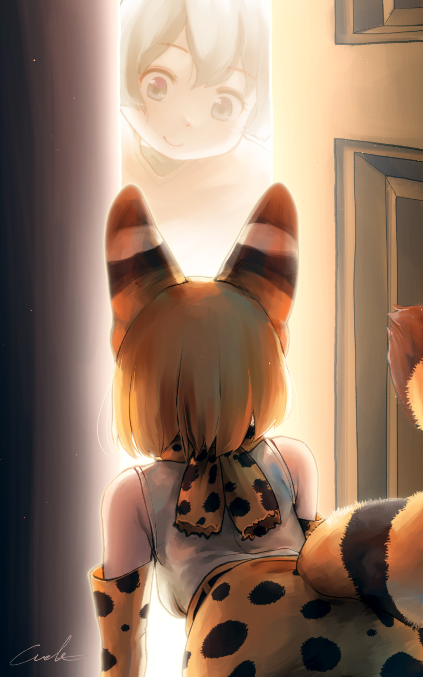 2girls absurdres all_fours animal_ears backlighting bare_shoulders blonde_hair commentary door doorway elbow_gloves facing_another gloves highres kaban_(kemono_friends) kemono_friends looking_at_another multiple_girls print_gloves print_neckwear print_skirt serval_(kemono_friends) serval_ears serval_print serval_tail shirt short_hair signature skirt sleeveless sleeveless_shirt smile tail welt_(kinsei_koutenkyoku) white_shirt