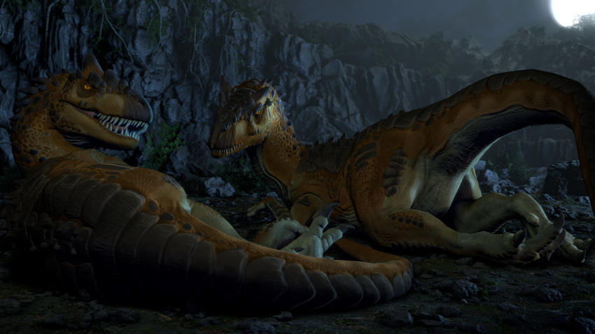 16:9 2021 3d_(artwork) 4k absurd_res allosaurid allosaurus ambiguous_gender ark_survival_evolved barlu butt claws cliff collaboration detailed_background digital_media_(artwork) dinosaur duo feet feral hi_res ivorylagiacrus looking_at_viewer looking_back lying moon mountain night on_front on_side open_mouth outside plant presenting presenting_hindquarters reptile resting rock scalie sharp_claws sharp_teeth source_filmmaker teeth theropod thick_thighs toe_claws tongue tree video_games widescreen