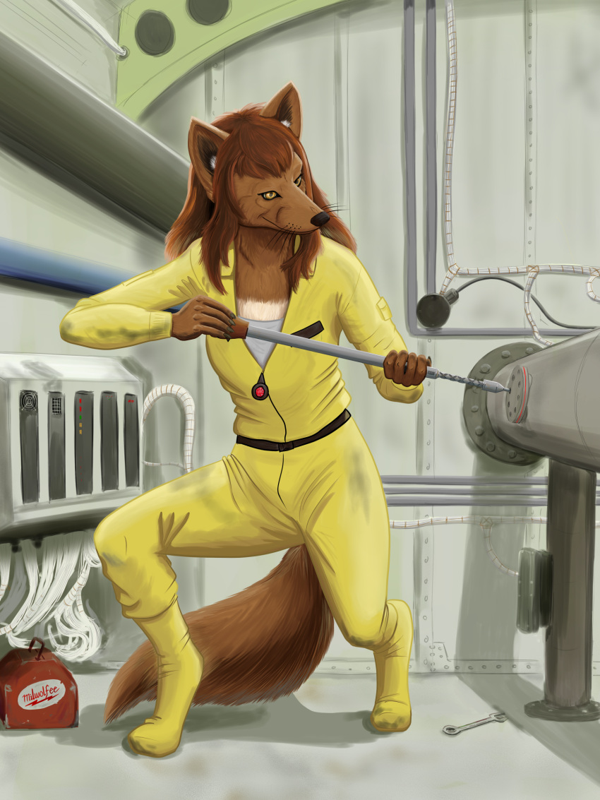 anthro black_nose bowman's_wolf brown_body brown_fur brown_hair canid canine canis clothed clothing female fizzymus flat_chested florence_ambrose freefall fur hair hi_res mammal red_wolf solo webcomic whiskers wolf yellow_eyes