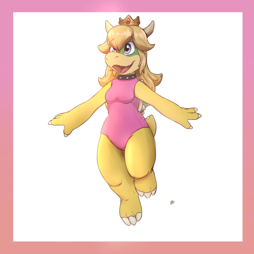 2021 absurd_res anthro barefoot border clothed clothing collar crown feet female fingers fully_clothed hi_res koopa louart mario_bros nintendo open_mouth open_smile princess_koopa scalie simple_background smile solo toes video_games white_background