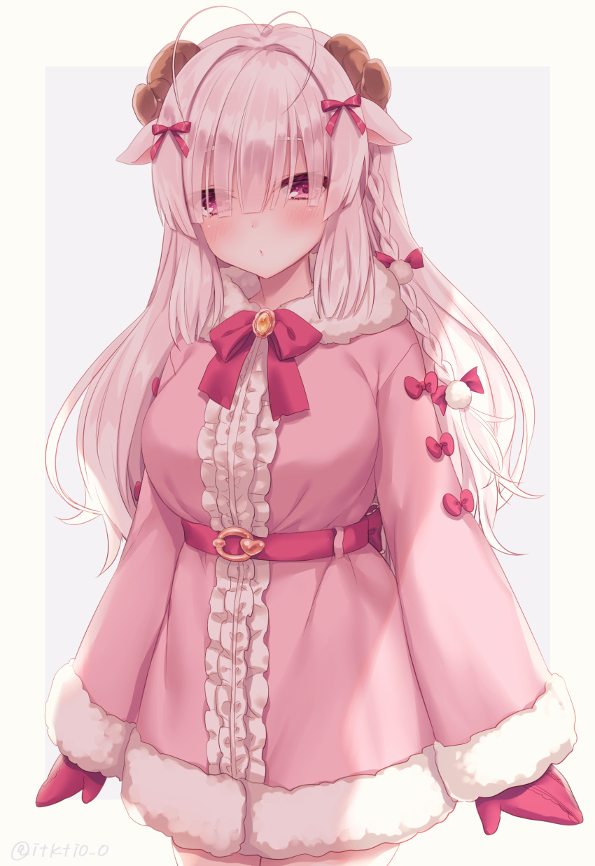 1girl :o absurdres animal_ears antenna_hair bangs blunt_bangs blush bow breasts center_frills cowboy_shot dress eyes_visible_through_hair frills fur-trimmed_dress fur_trim gloves hair_bow hair_over_eyes highres horns itsuki_jun large_breasts long_hair looking_at_viewer mittens original pink_dress pom_pom_(clothes) purple_belt purple_bow purple_eyes purple_gloves sheep_ears sheep_girl sheep_horns simple_background solo white_background white_fur white_hair wool