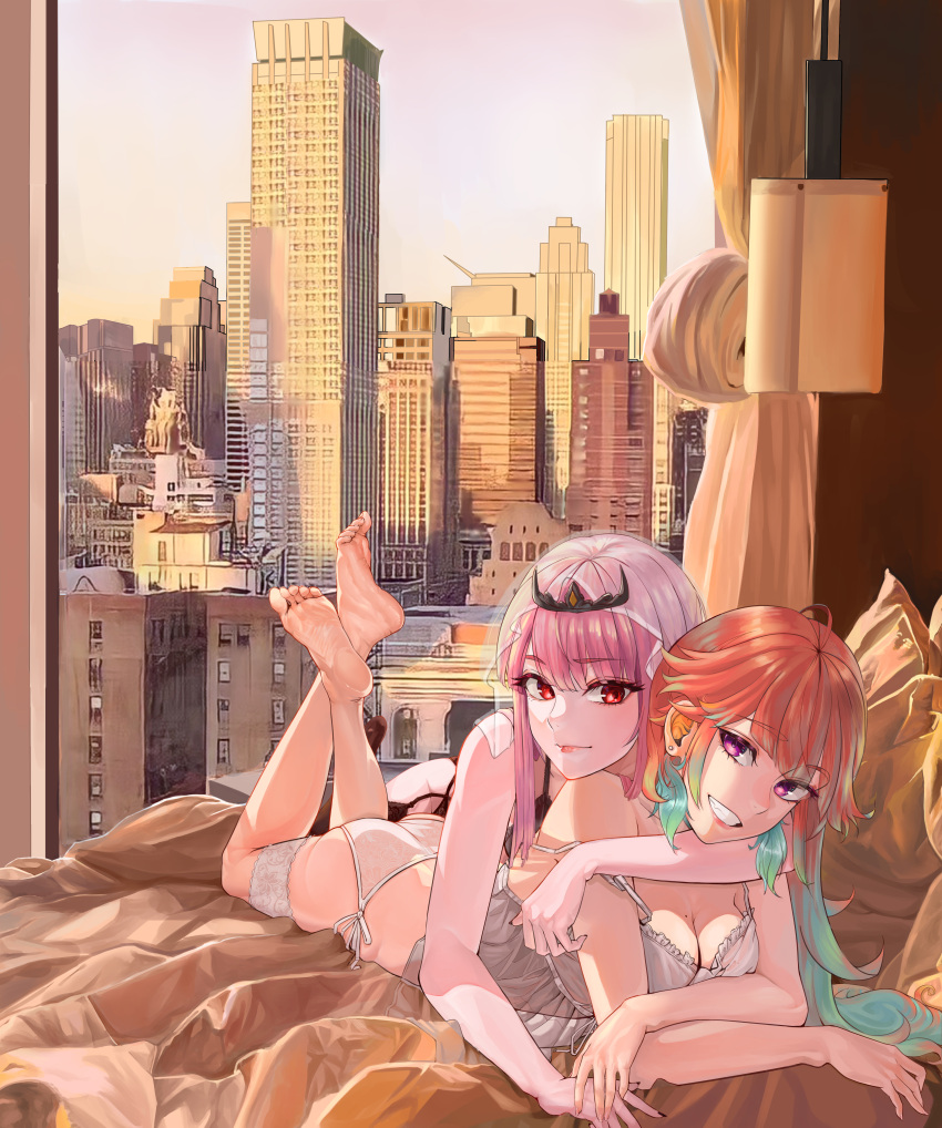 2girls absurdres aqua_hair barefoot building dhtpgjs1997 highres hololive hololive_english hug huge_filesize lingerie long_hair mori_calliope multicolored_hair multiple_girls on_bed orange_hair pale_skin pink_hair red_eyes smile takanashi_kiara tiara underwear veil virtual_youtuber window yuri