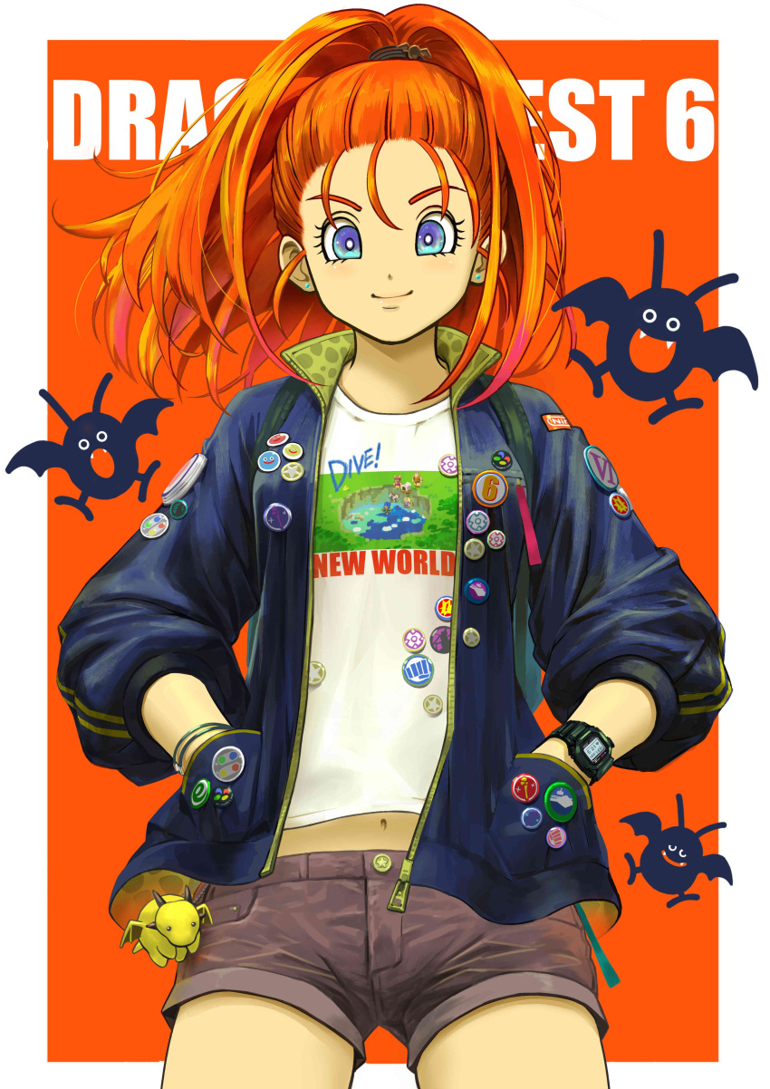 absurdres alternate_costume barbara_(dq6) blue_eyes buttons closed_mouth contemporary dragon_quest dragon_quest_vi drakee earrings ebiten_(ebi10d) hands_in_pockets high_ponytail highres jacket jewelry long_sleeves looking_at_viewer monster orange_hair shirt shorts slime_(dragon_quest) smile t-shirt watch wristwatch