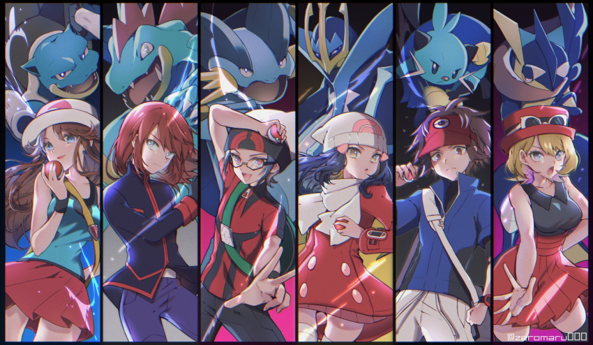 3boys 3girls backpack bag bangs beanie belt black_shirt black_wristband blake_(pokemon) blastoise blonde_hair blue_eyes brown_hair closed_mouth coat collared_shirt commentary_request dewott empoleon eyelashes eyewear_on_headwear feraligatr gen_1_pokemon gen_2_pokemon gen_3_pokemon gen_4_pokemon gen_5_pokemon gen_6_pokemon glasses green_(pokemon) green_bag greninja hand_up hat highres holding holding_poke_ball jacket long_sleeves mokorei multiple_boys multiple_girls open_mouth pants platinum_berlitz pleated_skirt poke_ball poke_ball_(basic) pokemon pokemon_(creature) pokemon_adventures purple_pants red_coat red_headwear red_skirt ruby_(pokemon) scarf shirt silver_(pokemon) skirt sleeveless sleeveless_shirt smile sunglasses swampert thighhighs tongue visor_cap vs_seeker w white_headwear white_legwear white_scarf wristband yellow_eyes yvonne_gabena zipper_pull_tab