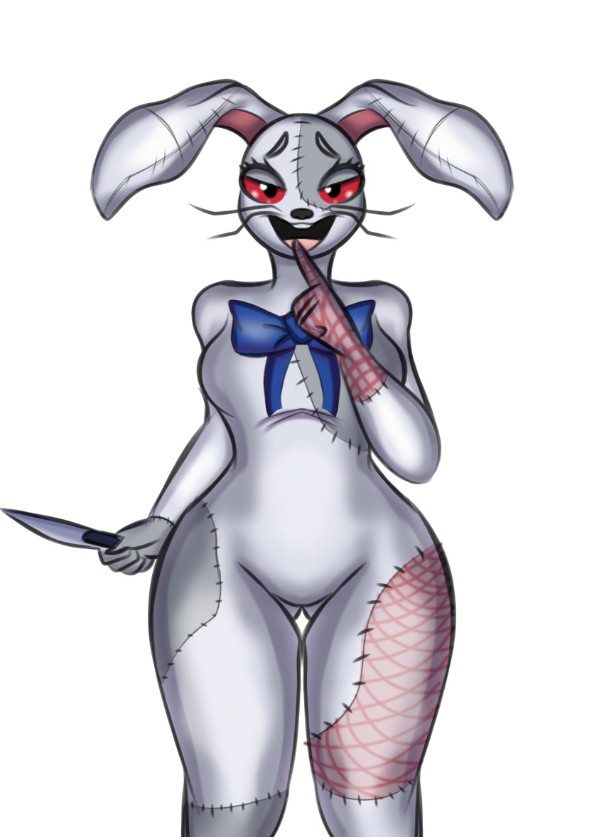 absurd_res anthro clothing female five_nights_at_freddy's five_nights_at_freddy's:_security_breach hand_in_mouth hi_res human humanoid knife lagomorph leporid looking_at_viewer looking_forward mammal rabbit scott_cawthon scottgames skade_(artist) solo suit suite vanessa_(fnaf) vanny_(fnaf) video_games wide_hips