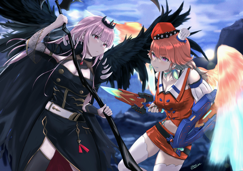 2girls absurdres aqua_hair black_dress black_legwear black_wings dress feathered_wings fighting flying highres holding holding_weapon hololive hololive_english huge_filesize knife mori_calliope multicolored_hair multiple_girls orange_hair pink_hair purple_eyes scythe takanashi_kiara tiara virtual_youtuber weapon white_legwear wings zeiss