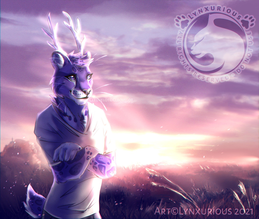 anthro antlers cervid cleovelot clouded_leopard crossed_arms felid fur hair hi_res horn hybrid lynxurious male mammal pantherine purple_background purple_body purple_eyes purple_fur purple_hair scut_tail simple_background solo spots sunset