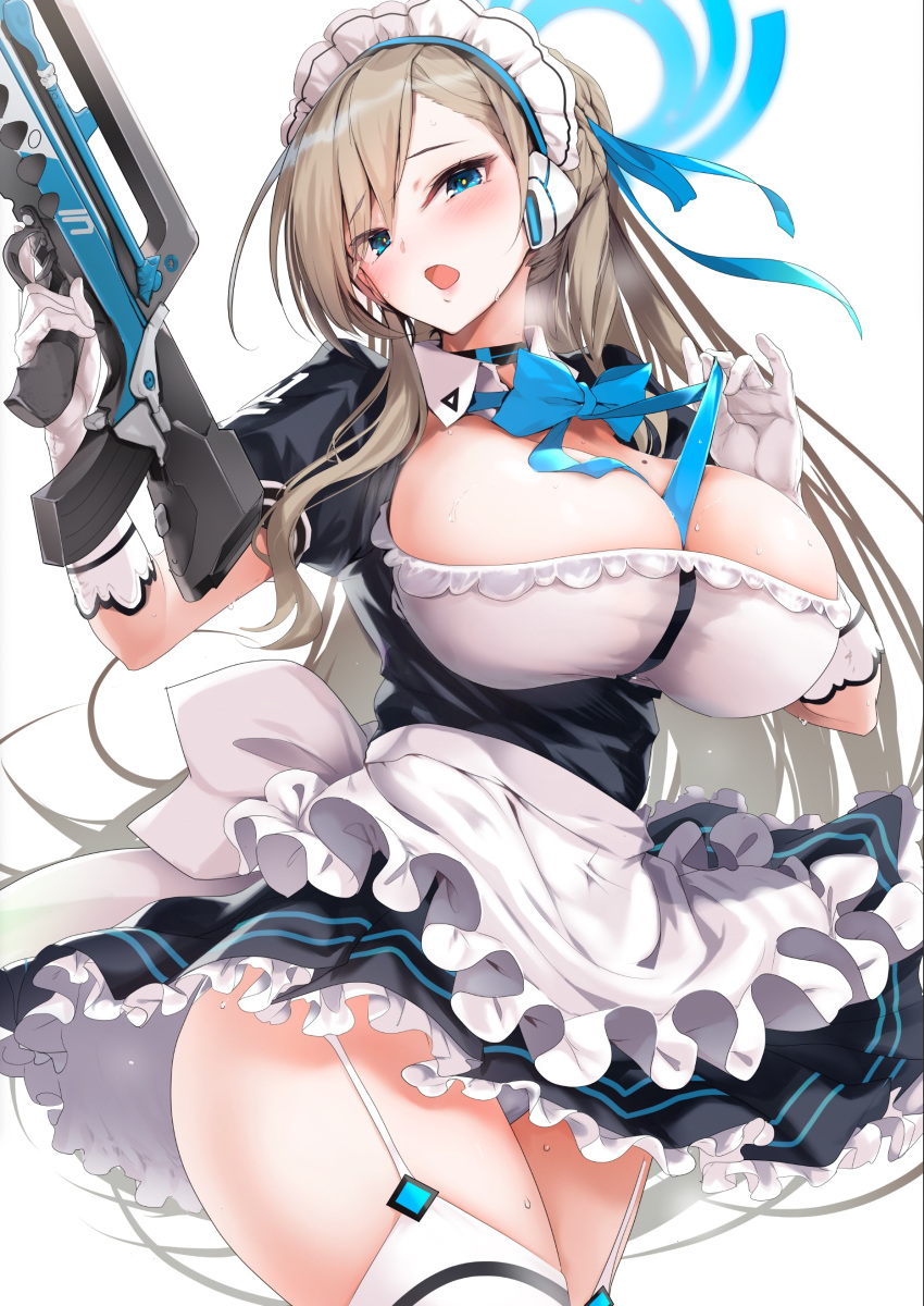 1girl absurdres apron assault_rifle asuna_(blue_archive) bangs black_dress blonde_hair blue_archive blue_eyes blue_neckwear blue_ribbon blush breasts choker cleavage dress eyebrows_visible_through_hair garter_straps gloves gun hair_ribbon halo headgear headphones highres large_breasts long_hair maid maid_apron maid_headdress mole mole_on_breast neckwear_between_breasts nylon open_mouth panties ribbon rifle solo sweat swept_bangs thighhighs thighs underwear weapon white_background white_gloves white_legwear white_panties