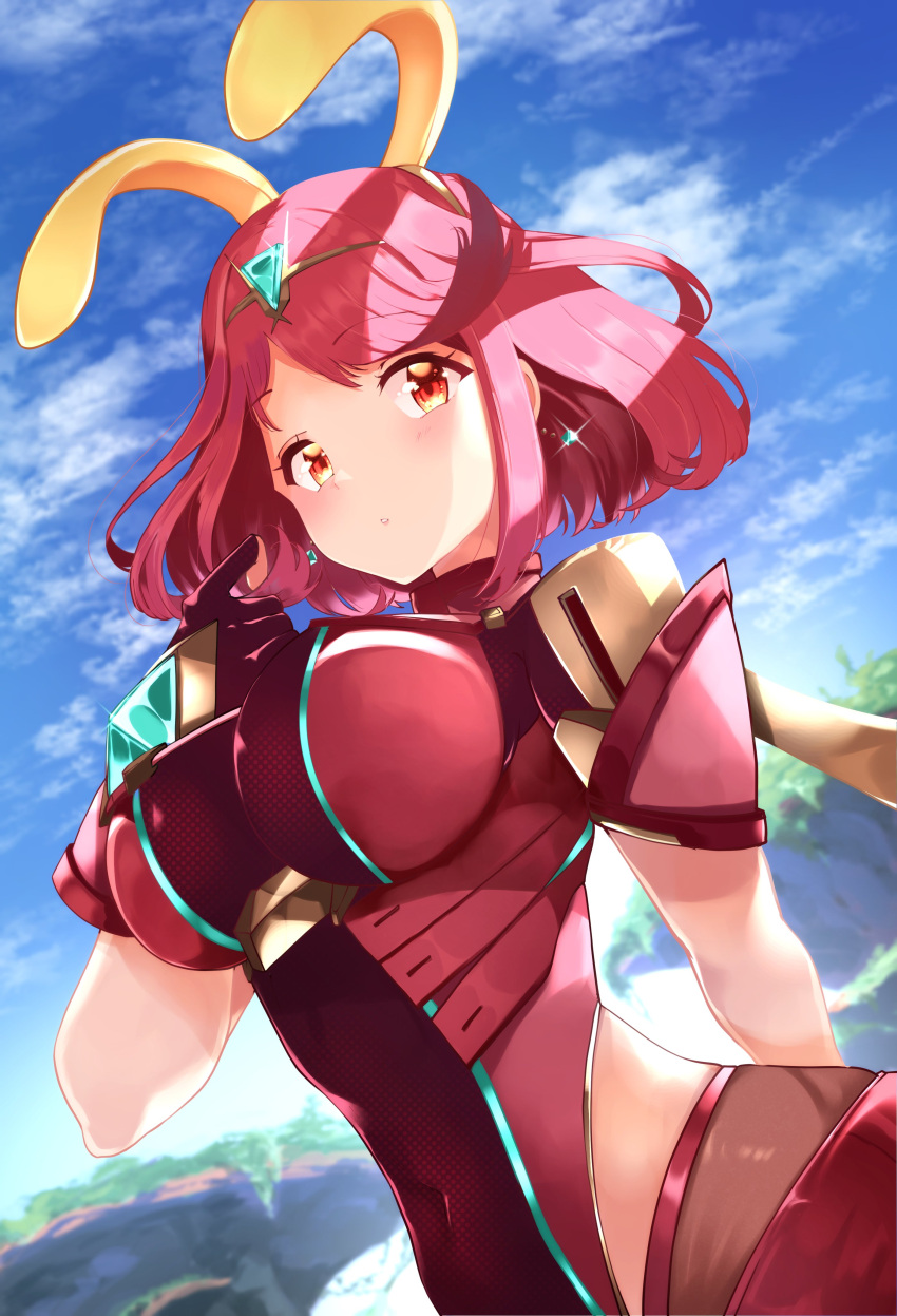 absurdres animal_ears bangs black_gloves breasts bunny_ears chest_jewel earrings fingerless_gloves gloves highres jewelry large_breasts leggings pyra_(xenoblade) red_eyes red_hair red_legwear red_shorts risumi_(taka-fallcherryblossom) short_hair short_shorts shorts super_smash_bros. swept_bangs thighhighs tiara xenoblade_chronicles_(series) xenoblade_chronicles_2