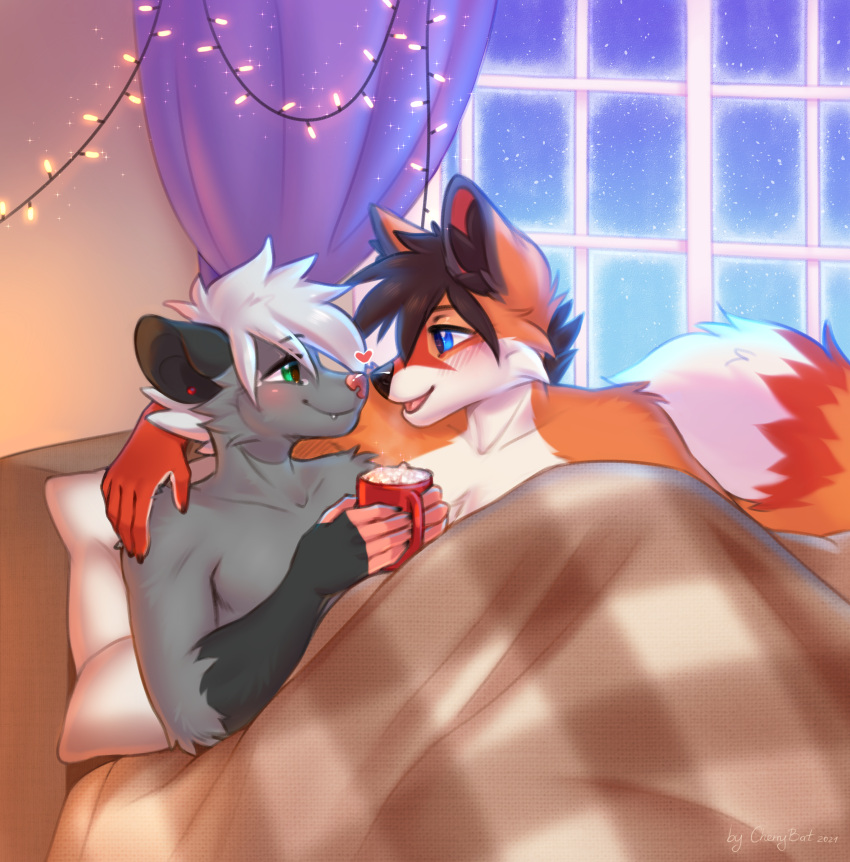 absurd_res ambiguous_gender anthro bedding beverage blanket blush boop candy canid canine chocolate christmas_lights cuddling dessert didelphid duo feroxdoon food fox hi_res hot_chocolate love male mammal marsupial red_fox relationship romance romantic_couple smile winter xander yana-r