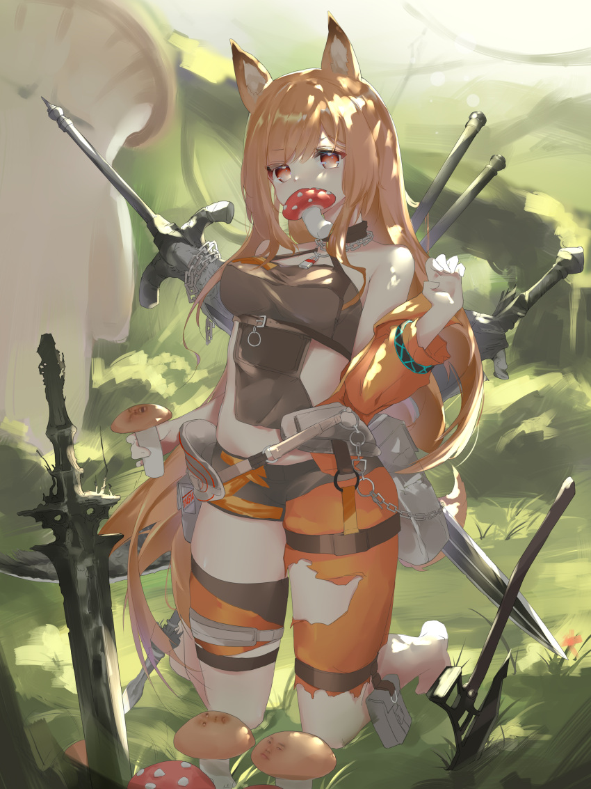 114514 1girl absurdres animal_ears arknights axe bangs bare_shoulders barefoot belt_pouch blonde_hair breasts ceobe_(arknights) ceobe_(summer_flowers)_(arknights) chain dog_ears dog_girl dog_tail eyebrows_visible_through_hair food_in_mouth grass hair_between_eyes hand_up highres holding holding_mushroom kneeling lock long_hair multiple_swords mushroom official_alternate_costume padlock planted_sword planted_weapon pouch red_eyes solo sword symbol_commentary tail torn_clothes very_long_hair weapon weapon_on_back zombie_ke