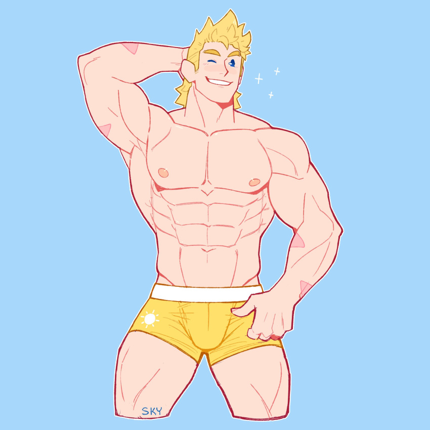 1boy abs alternate_costume bara blonde_hair blue_eyes boku_no_hero_academia boxer_briefs bulge cropped_legs feraltintinsimp highres large_pectorals male_focus male_underwear muscular muscular_male navel nipples one_eye_closed scar_on_arm short_hair smile solo sparkle spiked_hair stomach thick_thighs thighs togata_mirio underwear underwear_only yellow_male_underwear