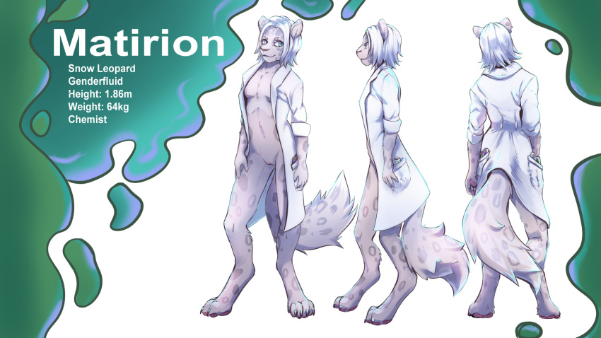 16:9 anthro blue_eyes clothing coat felid female fluffy fluffy_tail genitals hair hi_res lab_coat mammal matirion nipples pantherine pawpads paws pussy snow_leopard solo topwear white_hair widescreen zraxi