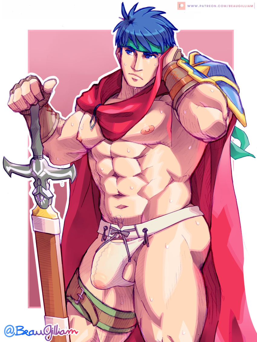 1boy abs alternate_pectoral_size bara bare_pecs beaugilliam blue_eyes blue_hair bulge cape feet_out_of_frame fire_emblem fire_emblem:_path_of_radiance flaccid harness headband highres ike_(fire_emblem) jockstrap large_pectorals male_focus male_underwear muscular muscular_male navel nipples planted_sword planted_weapon red_cape reward_available short_hair solo stomach sweat sword testicles thick_thighs thighs underwear weapon wet_male_underwear white_male_underwear