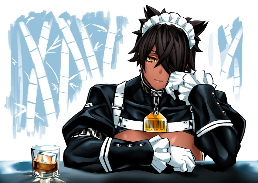 1girl alcohol arm_strap bamboo bamboo_forest bar barcode breasts brown_hair character_name cleavage cleavage_cutout clothing_cutout collar collarbone dark_skin dark_skinned_female desperado_(yotaro) drink earrings english_commentary forest gloves hair_ears hair_over_one_eye head_rest highres jewelry large_breasts long_sleeves maid maid_headdress mao_(yotaro) name_tag nature sad sitting skin_tight slit_pupils solo tumbler whiskey white_gloves wrist_cuffs yellow_eyes yotaro