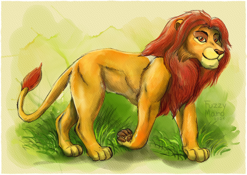 disney eyebrows felid feral full-length_portrait fur fuzzymaro grass lion male mammal mane mufasa outside painting_(artwork) pantherine pawpads plant portrait smile solo the_lion_king traditional_media_(artwork) walking watercolor_(artwork) yellow_body yellow_fur