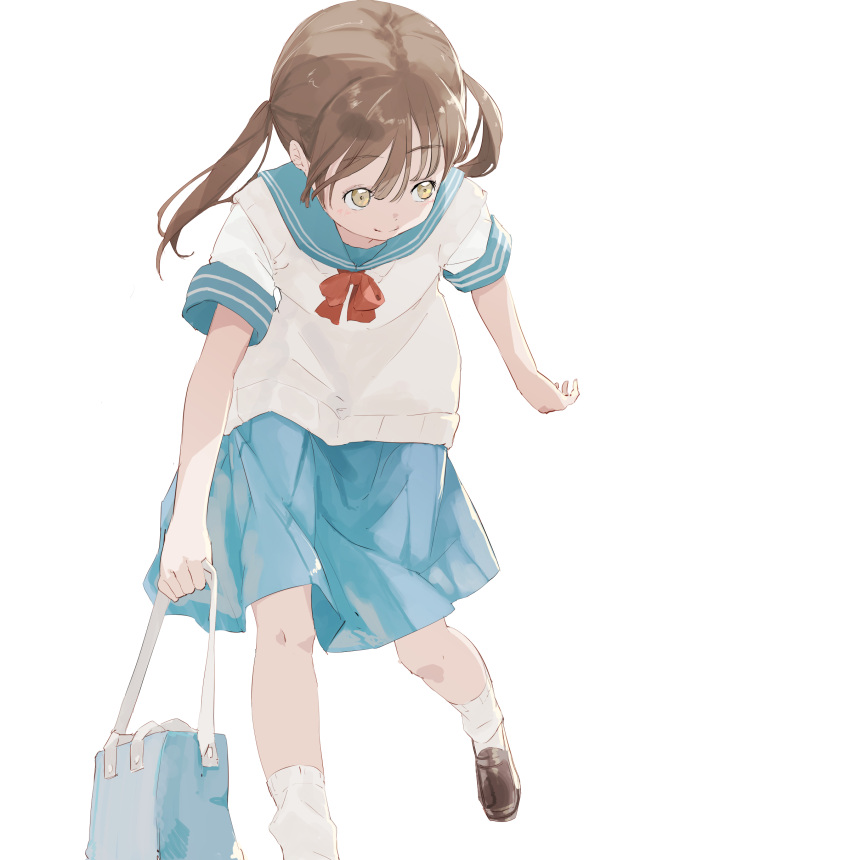 1girl absurdres arms_at_sides bag bangs beige_sweater_vest blue_sailor_collar blue_skirt blunt_bangs brown_footwear brown_hair closed_mouth dot_nose eyebrows_visible_through_hair facing_viewer flat_chest floating_hair foot_out_of_frame from_above happy highres holding holding_bag kawamoto_hinata light_blush loafers looking_to_the_side loose_socks neck_ribbon nyora_(soredemosekai) pleated_skirt red_ribbon ribbon sailor_collar sangatsu_no_lion school_bag school_uniform shiny shiny_hair shoes short_sleeves sidelighting simple_background skirt smile socks solo standing sweater_vest tareme twintails uniform walking white_background white_legwear yellow_eyes