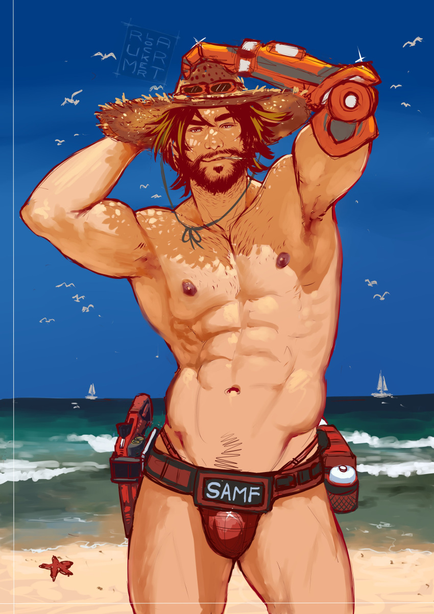 1boy abs absurdres alternate_costume armpits bara bare_pecs beach beard bird brown_hair bulge chest_hair cowboy_hat cowboy_shot facial_hair hat highres looking_at_viewer male_focus male_swimwear mature_male mccree_(overwatch) muscular muscular_male navel navel_hair nipples one_eye_closed overwatch pectorals red_male_swimwear rumlockerart short_hair sky smile solo standing stomach swan swim_briefs swimwear thighs