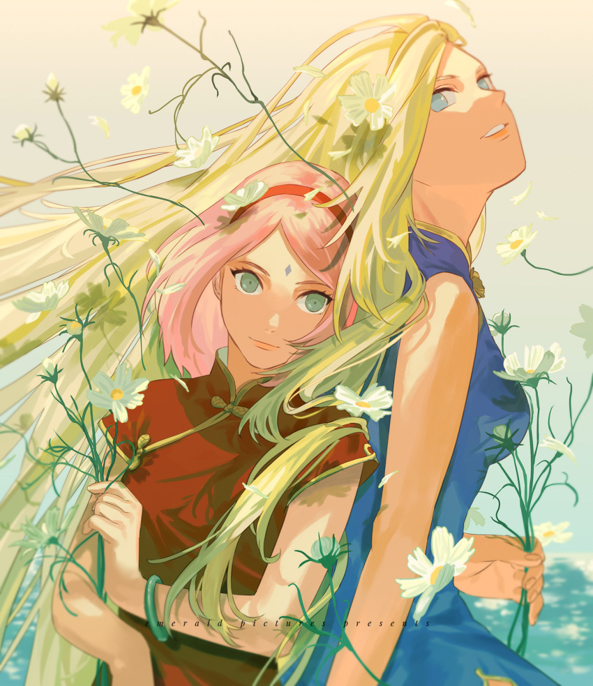 2girls blonde_hair blue_dress blue_eyes breasts china_dress chinese_clothes dress english_commentary facial_mark flower forehead_mark from_side green_eyes hairband haruno_sakura highres holy_pumpkin light_smile lips long_hair multiple_girls naruto_(series) pink_hair red_dress short_hair yamanaka_ino