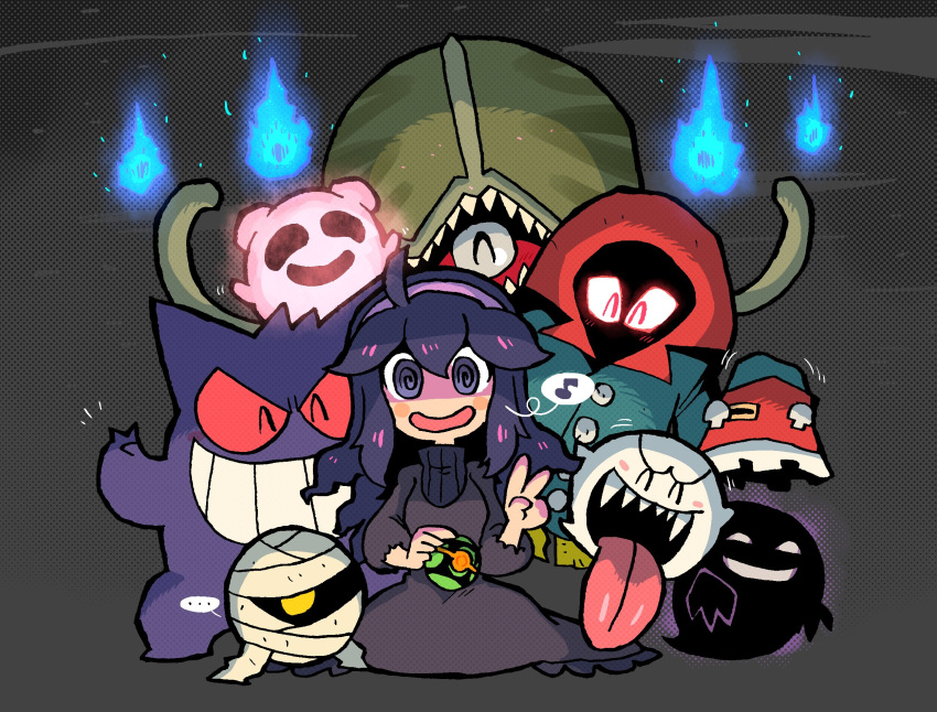 ... 1girl ahoge blush_stickers boo character_request closed_eyes dress dusk_ball gen_1_pokemon gengar ghost hairband hex_maniac_(pokemon) highres hitodama kirby_(series) kneeling looking_at_viewer mario_(series) mumbies_(kirby) musical_note open_mouth phantoon poke_ball pokemon purple_eyes purple_hair rariatto_(ganguri) ribbed_sweater smile speech_bubble spiral_eyes super_mario_bros. super_metroid sweater the_legend_of_zelda the_legend_of_zelda:_link's_awakening tongue tongue_out v
