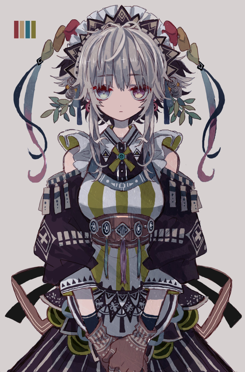 1girl absurdres azzz_(7334080) bangs blue_eyes eyebrows_visible_through_hair gloves grey_background grey_hair hands_together heterochromia highres leaf looking_at_viewer original purple_eyes red_gloves shadow short_hair_with_long_locks simple_background solo upper_body