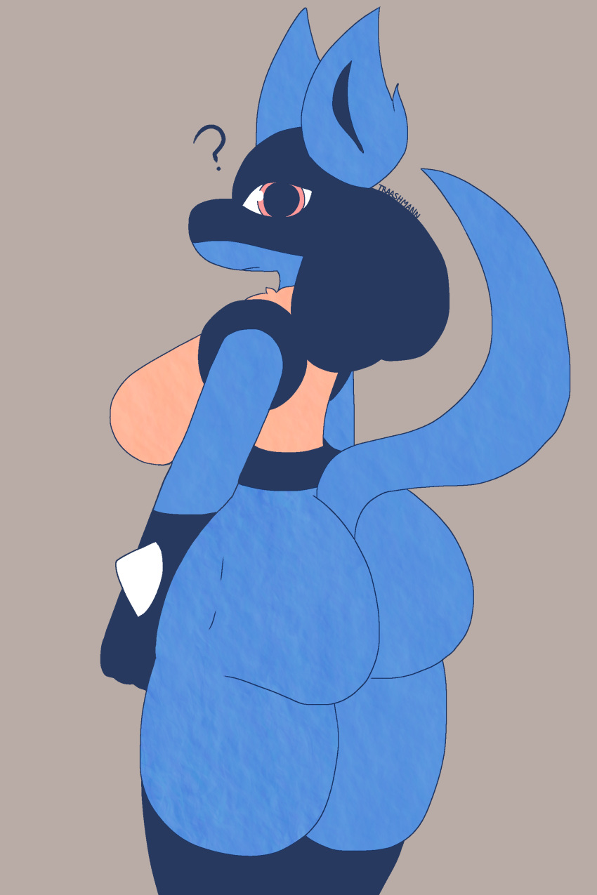 2:3 absurd_res big_butt blue_body blue_fur breasts butt confusion female fur hi_res looking_at_viewer looking_back lucario nintendo pok&eacute;mon pok&eacute;mon_(species) red_eyes side_boob simple_background simple_coloring simple_eyes solo thick_thighs traashmann video_games