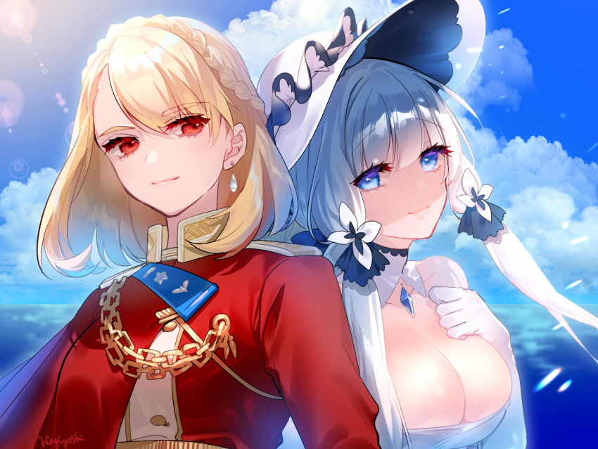 2girls alternate_uniform artist_name azur_lane bangs bare_shoulders blonde_hair blue_eyes braid breasts cleavage closed_mouth cloud cloudy_sky dress earrings elbow_gloves eye_piercing eyebrows_visible_through_hair florists_daisy french_braid gloves hand_on_own_chest highres illustrious_(azur_lane) jewelry large_breasts long_hair looking_at_viewer medium_hair multiple_girls ocean prince_of_wales_(azur_lane) red_eyes silver_hair simple_background sky smile uniform white_dress white_gloves white_headwear