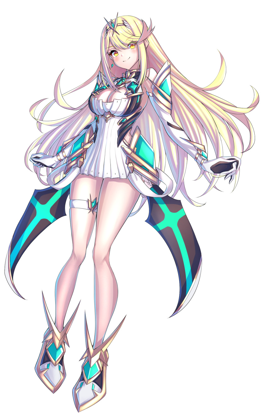 1girl bangs bare_legs bare_shoulders blonde_hair blush breasts chest_jewel cleavage cleavage_cutout clothing_cutout dress earrings elbow_gloves full_body gloves hakusai_(hksicabb) highres jewelry large_breasts legs long_hair long_legs mythra_(xenoblade) short_dress solo swept_bangs thigh_strap tiara very_long_hair white_dress white_footwear white_gloves xenoblade_chronicles_(series) xenoblade_chronicles_2 yellow_eyes