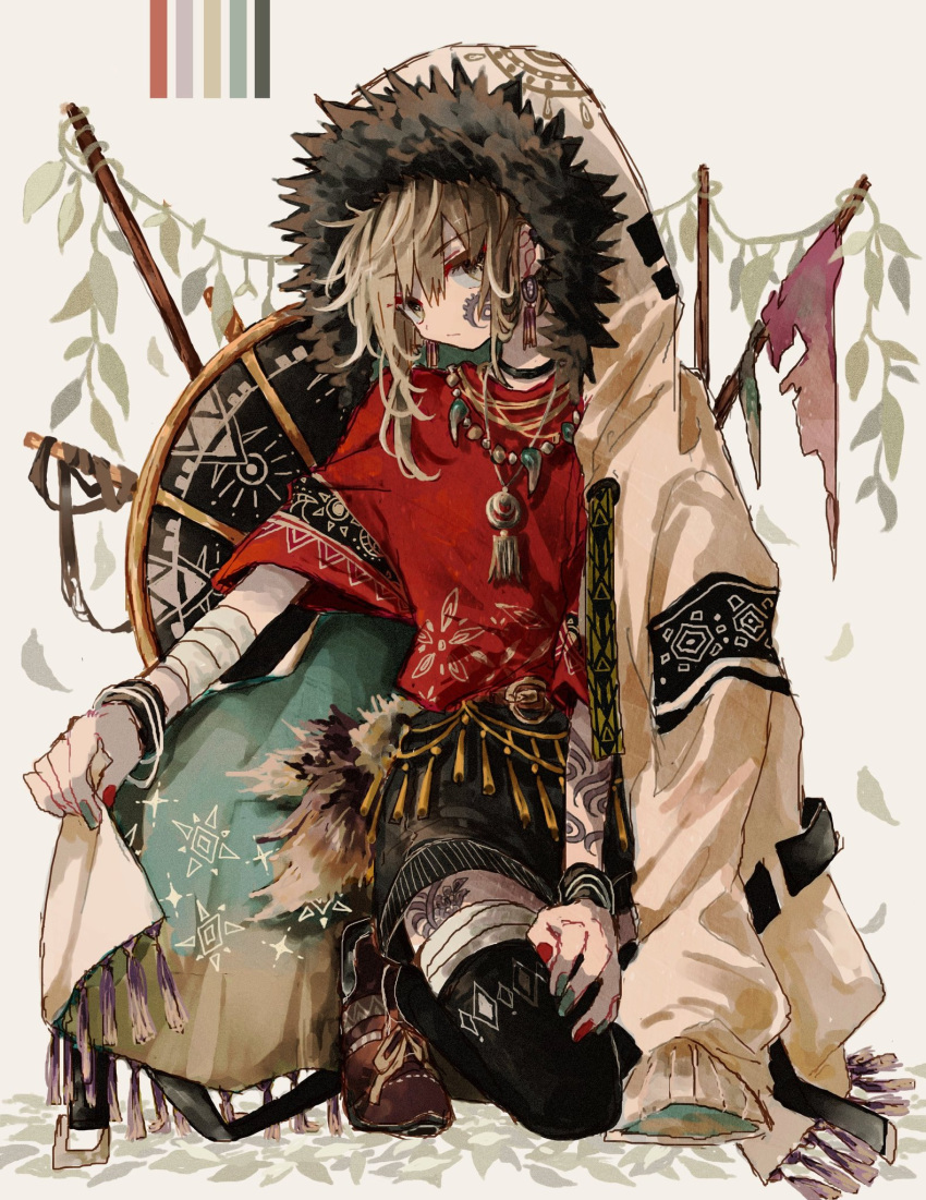 1girl azzz_(7334080) bracelet brown_eyes brown_footwear brown_hair eyebrows_visible_through_hair fur_trim grey_nails highres hood hood_up jewelry leaf long_hair looking_at_viewer original red_nails red_shirt shadow shirt solo thighhighs