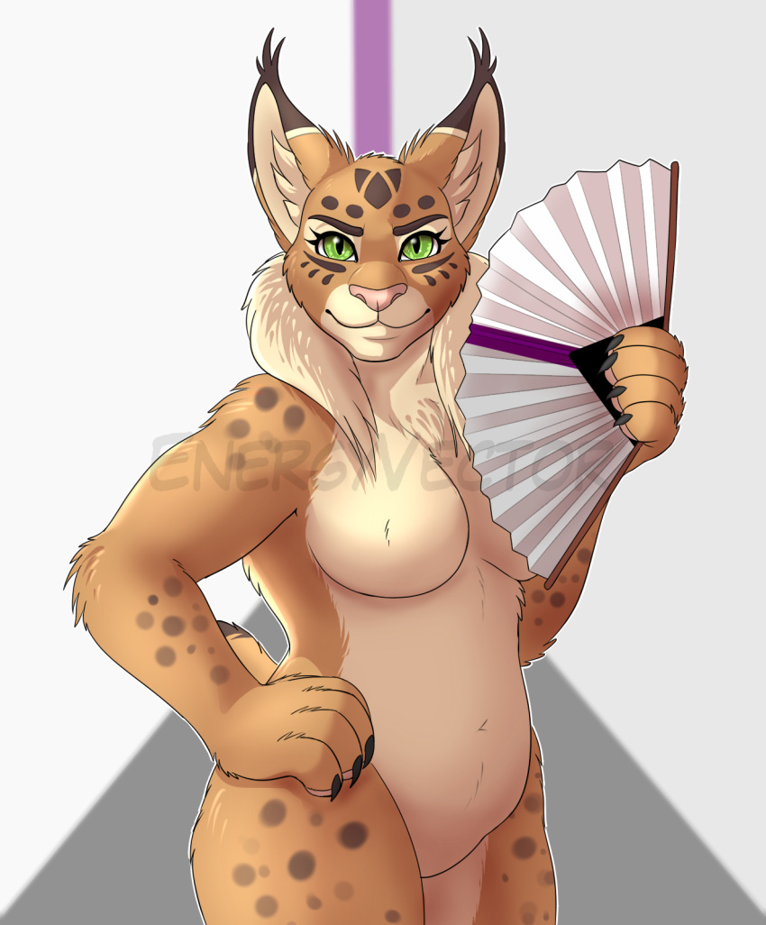 anthro breasts energyvector featureless_breasts featureless_crotch felid feline female folding_fan green_eyes hi_res lynx mammal solo