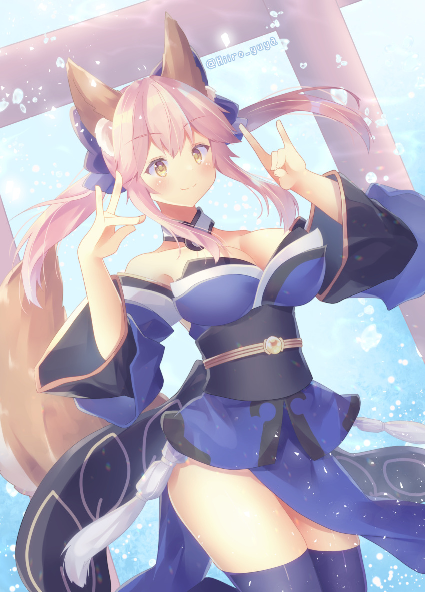 1girl :3 animal_ear_fluff animal_ears artist_name blue_kimono blue_legwear blue_ribbon blush breasts cleavage collarbone double_fox_shadow_puppet eyebrows_visible_through_hair fate/extella fate/extra fate/grand_order fate_(series) fox_ears fox_girl fox_shadow_puppet fox_tail hair_ribbon highres hiiro_yuya japanese_clothes kimono large_breasts looking_at_viewer pink_hair ribbon solo tail tamamo_(fate)_(all) tamamo_no_mae_(fate) yellow_eyes