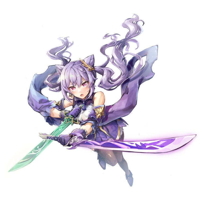 1girl absurdres bangs bare_shoulders black_legwear blush breasts dress dual_wielding genshin_impact gloves hair_cones hair_ornament highres holding keqing_(genshin_impact) long_hair looking_at_viewer medium_breasts open_mouth pantyhose purple_dress purple_eyes purple_gloves purple_hair samoore solo swept_bangs sword twintails weapon