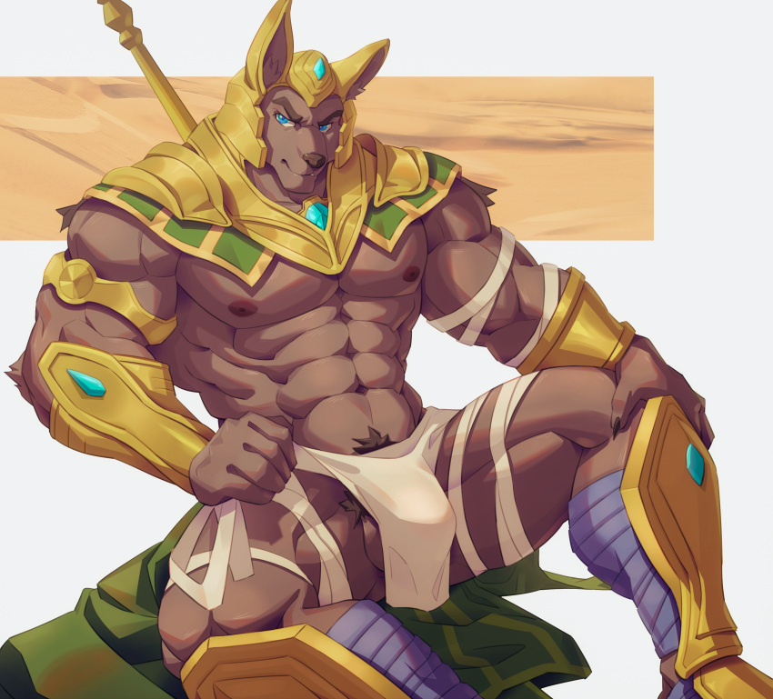 1boy abs absurdres animal_ears bandages bara bare_pecs blue_eyes bulge feet_out_of_frame furry helmet highres jackal_boy jackal_ears large_pectorals league_of_legends loincloth looking_at_viewer male_focus male_pubic_hair muscular muscular_male nasus navel navel_hair nipples penis_peek pubic_hair solo spread_legs stomach thick_thighs thighs uiokv vambraces