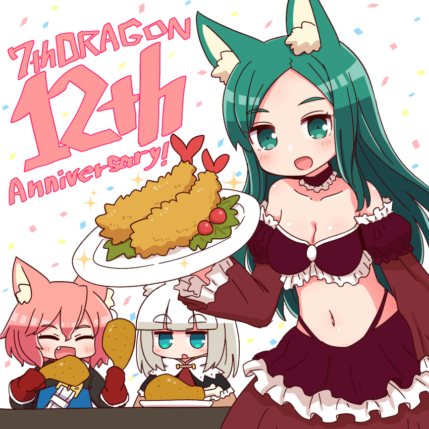 3girls 7th_dragon 7th_dragon_(series) :d :o ^_^ animal_ear_fluff animal_ears anniversary bangs bare_shoulders belt belt_buckle black_capelet blue_eyes blue_jacket blush breasts brown_sleeves buckle capelet cat_ears character_request chicken_leg cleavage closed_eyes collarbone commentary_request confetti copyright_name detached_sleeves eyebrows_visible_through_hair fang food gloves green_eyes green_hair hair_between_eyes harukara_(7th_dragon) highres holding holding_food holding_plate ikurakun_(7th_dragon) jacket long_hair long_sleeves medium_breasts multiple_girls naga_u navel open_mouth parted_lips pink_hair plate puffy_short_sleeves puffy_sleeves red_gloves short_eyebrows short_over_long_sleeves short_sleeves shrimp shrimp_tempura simple_background smile sparkle tempura thick_eyebrows very_long_hair white_background white_belt white_hair