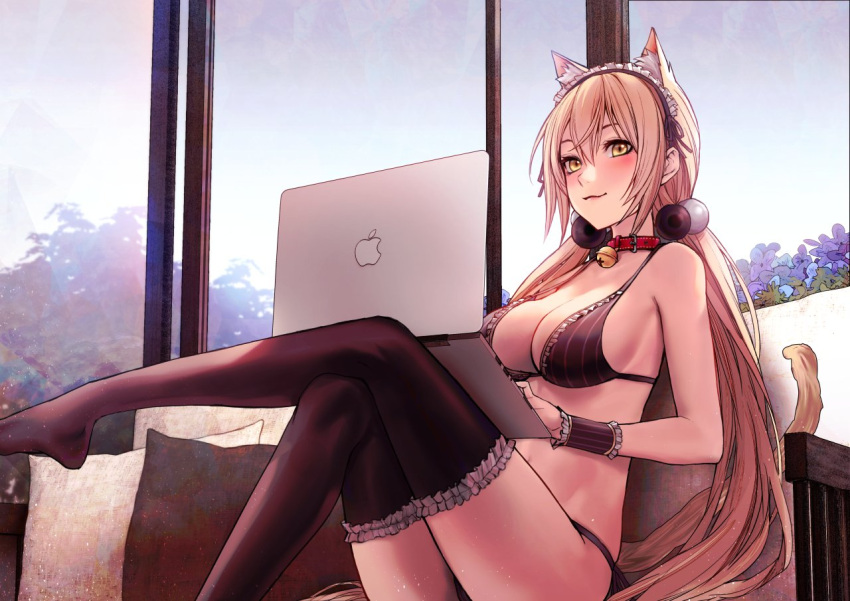 1girl :3 adapted_costume animal_ear_fluff animal_ears applekun bad_id bad_twitter_id bangs bare_arms bare_shoulders bell bikini black_bikini black_legwear blonde_hair blue_flower bow_hairband breasts cat_ears cat_girl cat_tail cleavage closed_mouth collar computer couch crossed_legs cushion day extra_ears eyebrows_behind_hair flower foot_out_of_frame frilled_bikini frilled_hairband frills garters hair_between_eyes hair_bobbles hair_ornament hairband indoors jingle_bell knees_up laptop large_breasts legs long_hair low_twintails macbook maid midriff navel neck_bell no_shoes older on_couch purple_flower red_collar sideboob sidelocks sitting solo striped swimsuit tail thighhighs twintails vertical-striped_bikini vertical_stripes very_long_hair window wrist_cuffs xiaoyuan_(you_can_eat_the_girl) yellow_eyes you_can_eat_the_girl