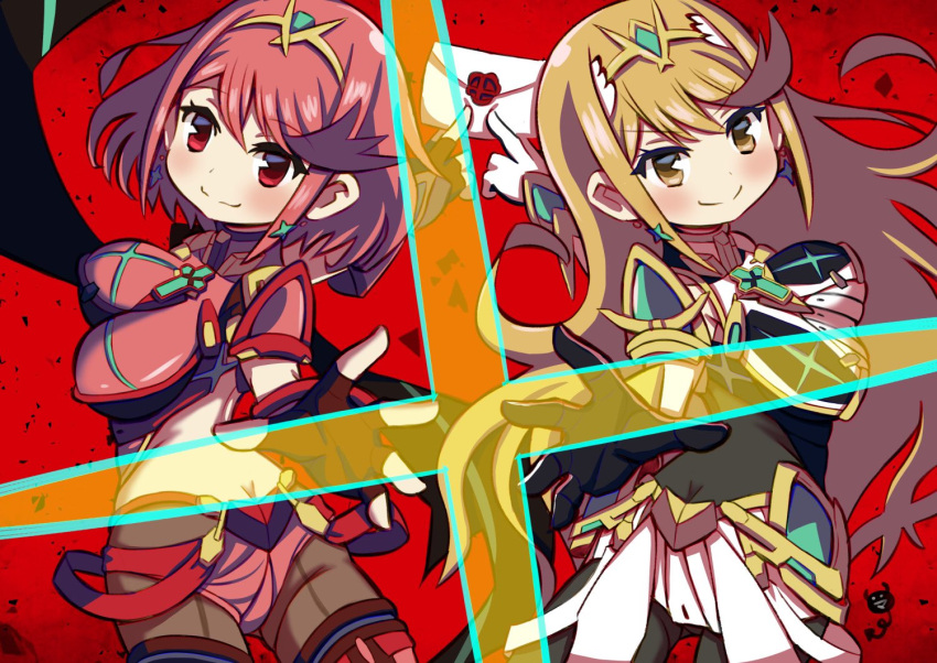 2girls aegis_sword_(xenoblade) bangs bare_shoulders black_gloves black_legwear blonde_hair breasts chest_jewel dress earrings elbow_gloves fingerless_gloves gem gloves headpiece jewelry large_breasts long_hair ma2acworks multiple_girls mythra_(xenoblade) pantyhose pyra_(xenoblade) red_eyes red_hair red_shorts short_dress short_hair short_shorts shorts smash_invitation super_smash_bros. swept_bangs thigh_strap thighhighs tiara very_long_hair white_dress white_gloves xenoblade_chronicles_(series) xenoblade_chronicles_2 yellow_eyes