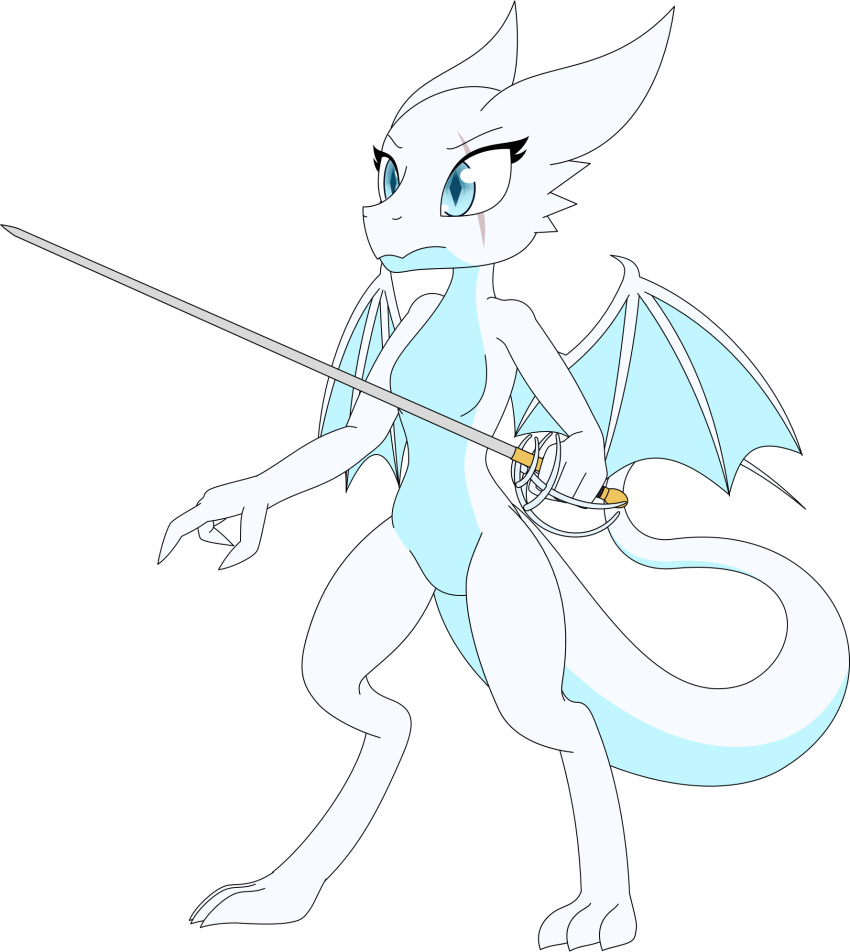 alpha_channel anthro blue_eyes claws digitigrade eye_scar facial_scar featureless_chest featureless_crotch female flat_chested hi_res horn melee_weapon nude pupils rapier scar simple_background slit_pupils solo sword transparent_background weapon white_body white_horn white_tail white_wings winged_kobold wings zacatron94