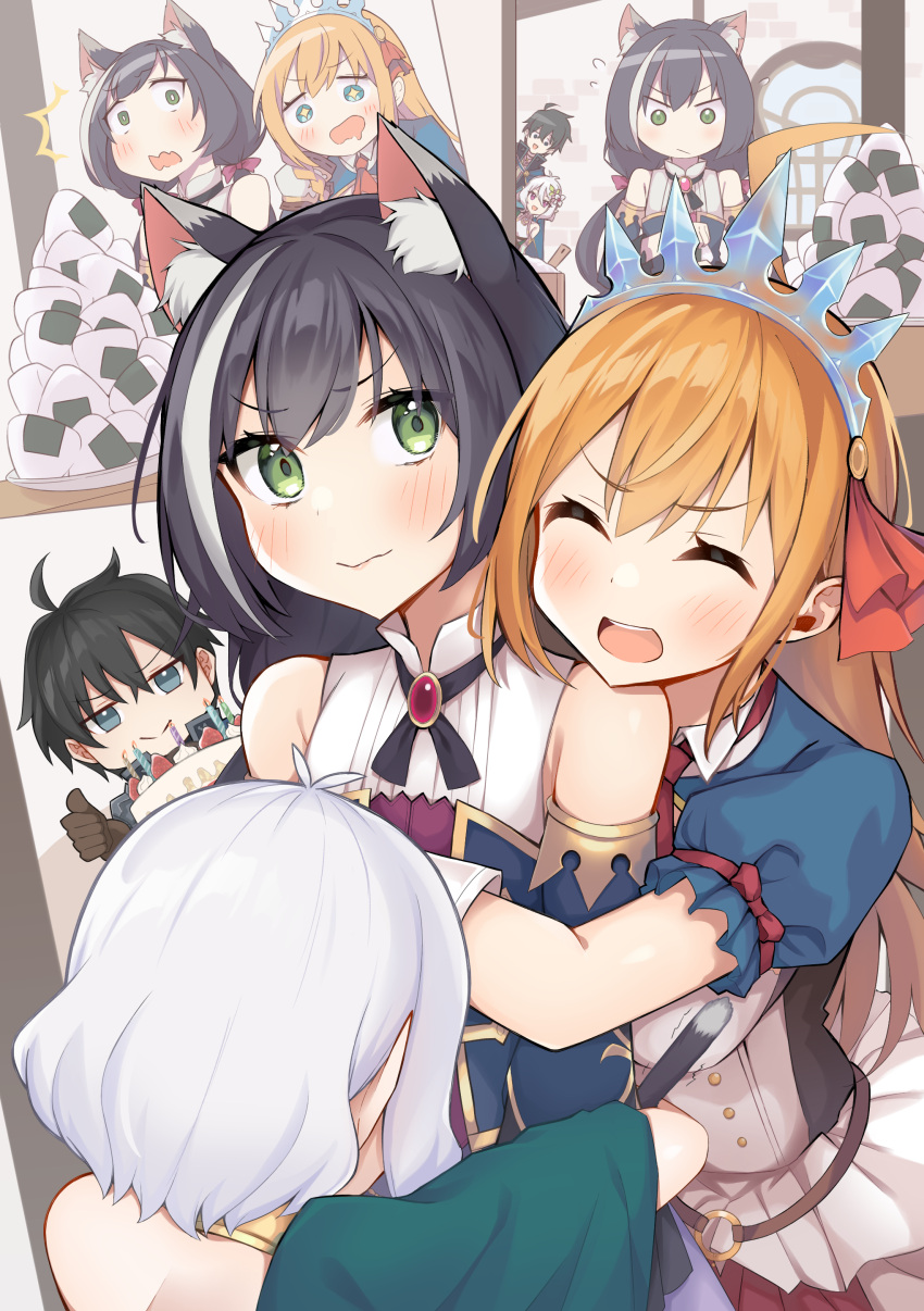 1boy 3girls absurdres ahoge animal_ear_fluff animal_ears antenna_hair bangs bare_shoulders black_hair blue_eyes blush breasts brown_gloves cat_ears cat_girl cat_tail commentary_request dress eyebrows_visible_through_hair flower food gem girl_sandwich gloves green_eyes hair_between_eyes hair_flower hair_ornament hair_ribbon highres hug itame_moyashi karyl_(princess_connect!) kokkoro_(princess_connect!) large_breasts long_hair looking_at_viewer looking_away multicolored_hair multiple_girls multiple_views one_eye_closed onigiri open_mouth orange_hair pacifier pecorine_(princess_connect!) pointy_ears princess_connect! princess_connect!_re:dive puffy_short_sleeves puffy_sleeves red_ribbon revision ribbon sandwiched short_hair short_sleeves silver_hair smile streaked_hair tail tiara twintails upper_teeth v-shaped_eyebrows very_long_hair wavy_mouth white_flower white_hair yuuki_(princess_connect!)