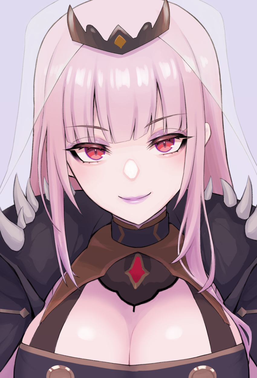 1girl bangs breasts cape cleavage cleavage_cutout clothing_cutout eyebrows_visible_through_hair eyeshadow hair_behind_ear head_tilt highres hololive hololive_english large_breasts lipstick makeup mori_calliope pink_hair purple_background purple_eyeshadow purple_lips red_eyes smile solo spikes terumin_(yuganda_sebone) tiara tsurime upper_body veil virtual_youtuber