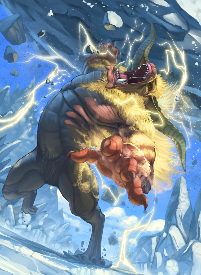 cloud commentary_request day electricity highres horns monster_hunter no_humans open_mouth outdoors rajang red_eyes rock sharp_teeth sky solo spareribs standing standing_on_one_leg teeth tongue yellow_fur