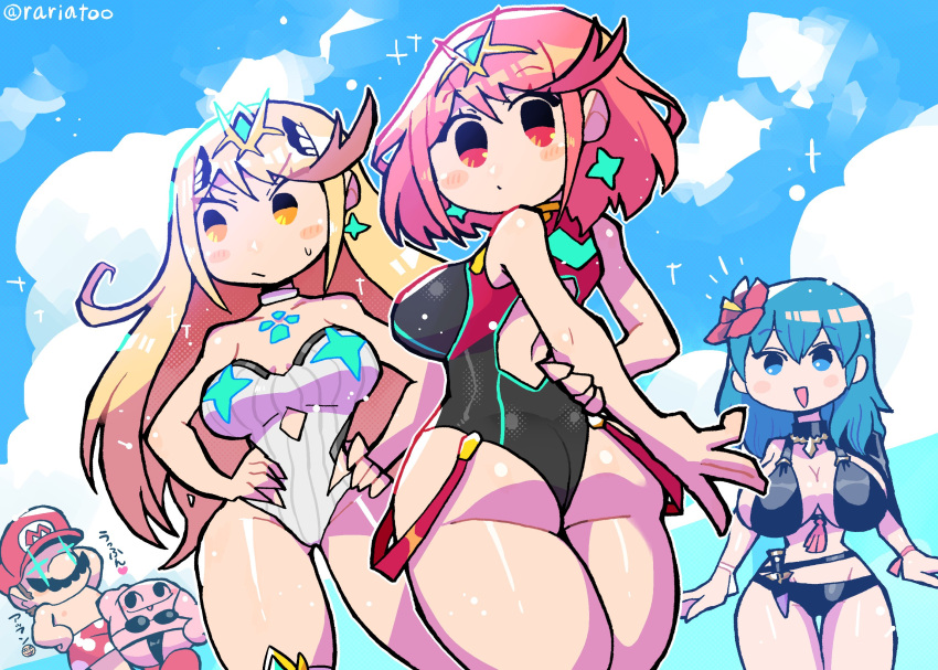 3girls ass big_nose bikini black_bikini blonde_hair blue_hair blue_sky breasts byleth_(fire_emblem) byleth_(fire_emblem)_(female) cleavage facial_hair fire_emblem fire_emblem:_three_houses fire_emblem_heroes flower glowing glowing_eyes hair_flower hair_ornament highres kirby kirby_(series) large_breasts looking_at_viewer mario mario_(series) multiple_girls mustache mythra_(xenoblade) one-piece_swimsuit pyra_(xenoblade) rariatto_(ganguri) red_hair sky super_smash_bros. swimsuit tiara xenoblade_chronicles_(series) xenoblade_chronicles_2